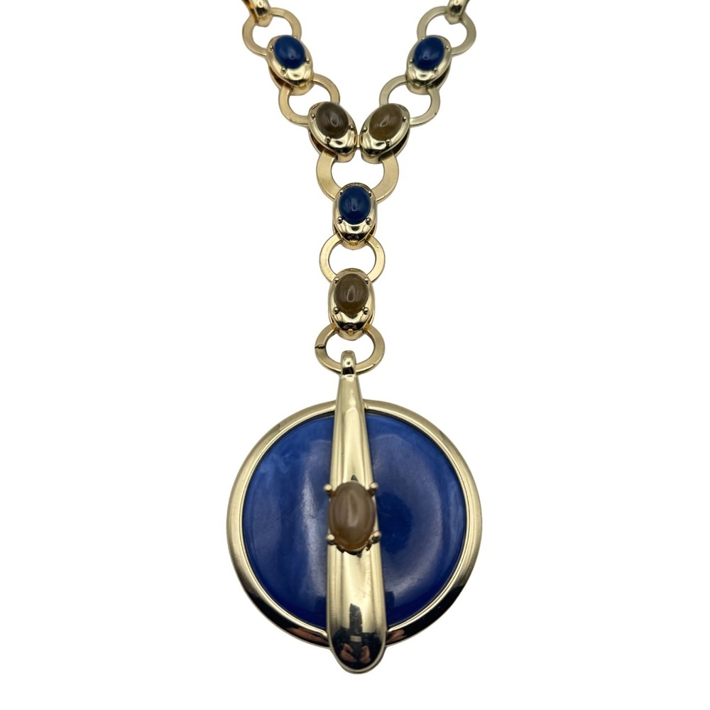 Chico's Chunky Necklace Blue Gold Tone Modernist Circle Pendant
